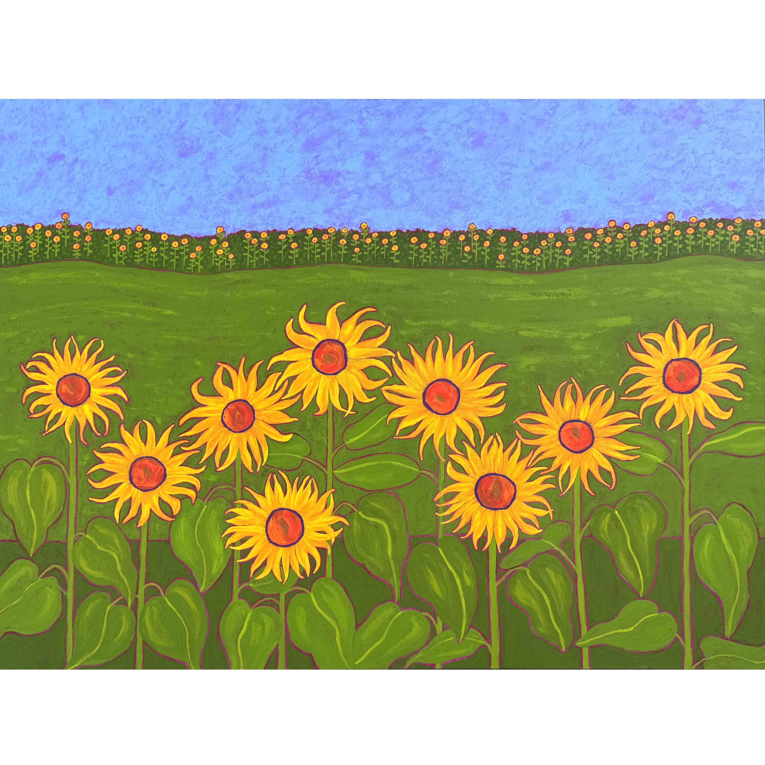 Vibrant sunflower farm painting. Large sunflower painting by Maine
